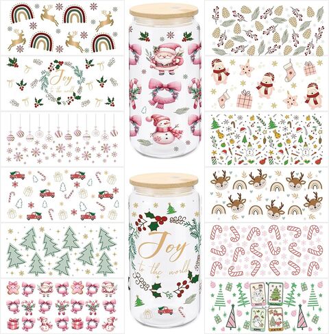 12 Sheets Christmas Tree UV DTF Transfer Stickers 16oz Glass Bottle DIY Cup Wraps Stickers Waterproof Cup Wrap Decals for Gifts, Cup Decor in Saudi Arabia
