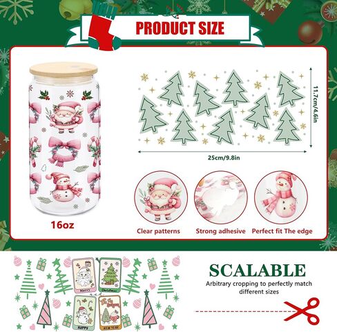 12 Sheets Christmas Tree UV DTF Transfer Stickers 16oz Glass Bottle DIY Cup Wraps Stickers Waterproof Cup Wrap Decals for Gifts, Cup Decor in Saudi Arabia
