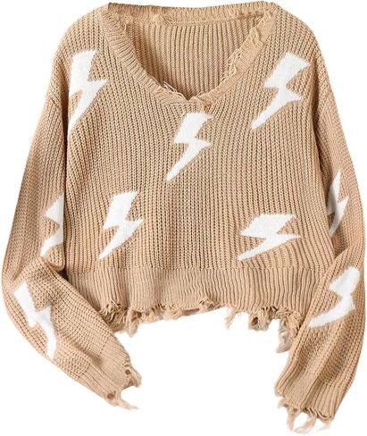 Floerns Girl's Graphic Print Long Sleeve Distressed Hem Pullover Top Raw Hem V Neck Crochet Knit Sweater in Kuwait
