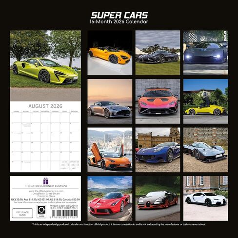 2026 Square Wall Calendar - Super Cars 12 x 12 Inch Monthly View, 16-Month, Transport Theme, Includes 180 Reminder Stickers in Saudi Arabia