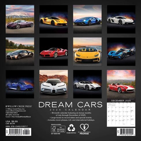 Willow Creek Press، تقويم حائط صغير 2026 من Dream Cars، مقاس 7 بوصة × 7 بوصة، تقويم لمدة 18 شهرًا مع غلاف مثبت in Kuwait