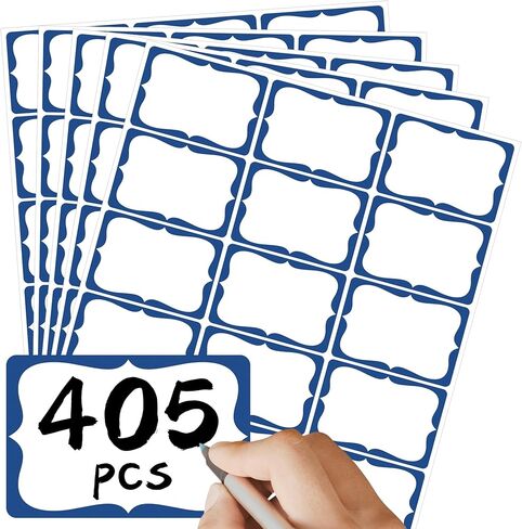 CATIFLIN 405 Pcs Name Tag Stickers 3x2 in, Blank Waterproof Self-Adhesive Labels, Easy Peel Write-On Tear-Resistant, for Clothing Classroom School Office Parties, White/Blue Border in Saudi Arabia