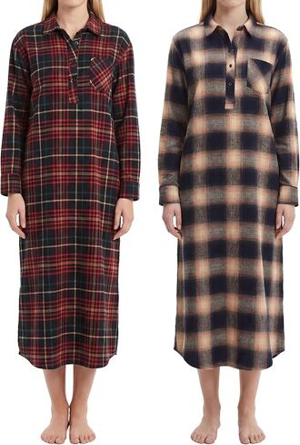 Sexy Basics Womens Flannel Sleep Shirt | Night Gown | Long Henley Soft Nightshirt Pajama -Multi Packs in Kuwait