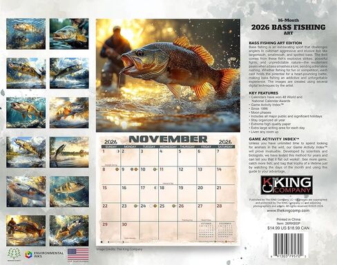 تقويم جداري مصور لصيد الأسماك لعام 2026 مقاس 16 شهرًا مقاس X-Large 14x22، تقويم صيد الأسماك من شركة KING-Monster Calendars in Kuwait
