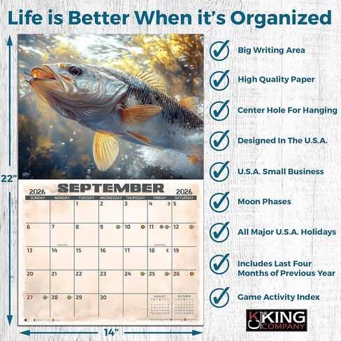 تقويم جداري مصور لصيد الأسماك لعام 2026 مقاس 16 شهرًا مقاس X-Large 14x22، تقويم صيد الأسماك من شركة KING-Monster Calendars in Kuwait
