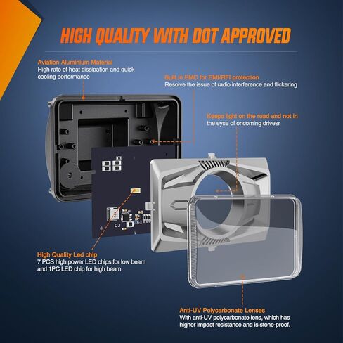Nilight 4x6 Inch LED Headlights 60W DOT Approved Hi Lo Sealed Beam Rectangular Headlight Replacement H4651 H4652 H4656 H4666 H6545 Compatible with Kenworth Peterbil Ford Freightliner(Black, 4PCS) in Saudi Arabia