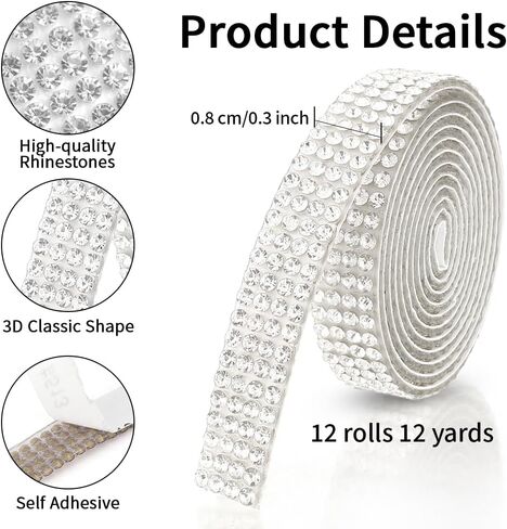 Rhinestone Ribbon Self Adhesive Resin Rhinestones 12 Yards 12 Rolls Multicolor Glitter Bedazzling Rhinestones Tape Strips Crystal Roll Bling Diamond Ribbon Sticker for Christmas DIY Crafting Decor in Saudi Arabia