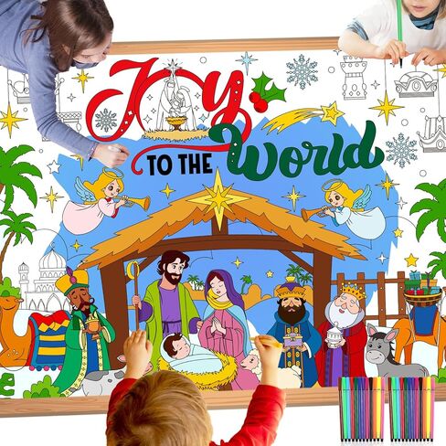 HOWAF Christmas Joy to The World Coloring Poster with 24 pcs Paint Pens, Jumbo Paper Coloring Banner, Religious Nativity Scene Tablecloth Christmas Party Favors Holiday Activities in Saudi Arabia