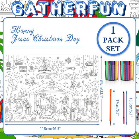 HOWAF Christmas Joy to The World Coloring Poster with 24 pcs Paint Pens, Jumbo Paper Coloring Banner, Religious Nativity Scene Tablecloth Christmas Party Favors Holiday Activities in Saudi Arabia