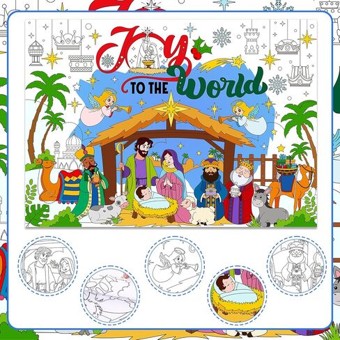 HOWAF Christmas Joy to The World Coloring Poster with 24 pcs Paint Pens, Jumbo Paper Coloring Banner, Religious Nativity Scene Tablecloth Christmas Party Favors Holiday Activities in Saudi Arabia