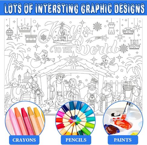 HOWAF Christmas Joy to The World Coloring Poster with 24 pcs Paint Pens, Jumbo Paper Coloring Banner, Religious Nativity Scene Tablecloth Christmas Party Favors Holiday Activities in Saudi Arabia