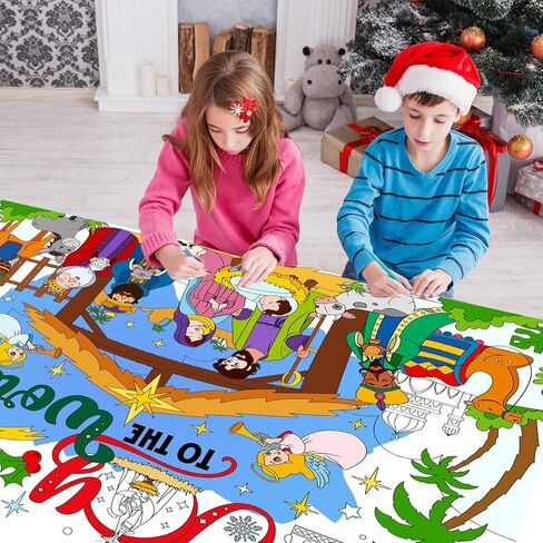 HOWAF Christmas Joy to The World Coloring Poster with 24 pcs Paint Pens, Jumbo Paper Coloring Banner, Religious Nativity Scene Tablecloth Christmas Party Favors Holiday Activities in Saudi Arabia