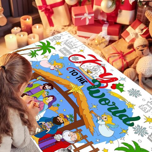 HOWAF Christmas Joy to The World Coloring Poster with 24 pcs Paint Pens, Jumbo Paper Coloring Banner, Religious Nativity Scene Tablecloth Christmas Party Favors Holiday Activities in Saudi Arabia