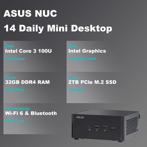ASUS NUC Pro 14 Ultra 5 AI Mini Desktop | Intel Ultra 5 125H | 32GB DDR5 RAM 1TB SSD | Wi-Fi 6 | HDMI | Bluetooth|Windows 11 Pro | Black | Perfect for Home, Business, and Gaming in Kuwait