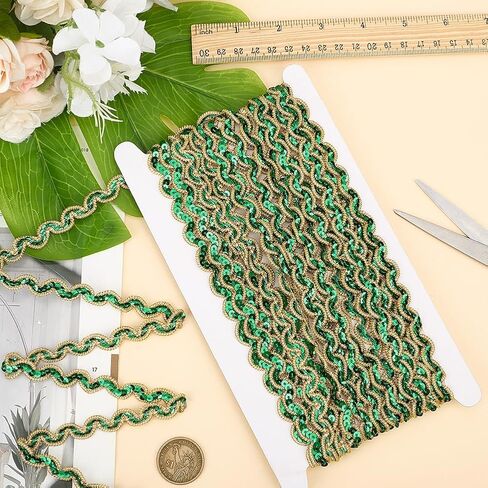14 Yards 1/2 Inch Green Sequin Ribbon Trim Flat Sequins Beaded Strip Metallic Glitter Gimp Woven Braid Lace Fabric Trimming Bulk for Sewing Making Crafts Dresses Clothes Wedding Costume DIY in Saudi Arabia