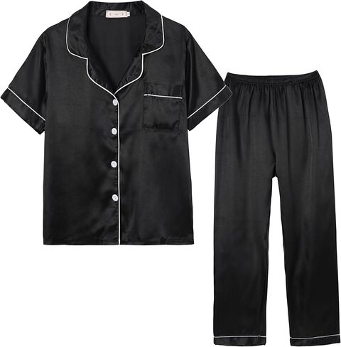Unisex Kids Boys and Girls Pajama Sets Summer Short Sleeve Long Pants 2pcs Silky Sleepwear Button Down Loungewear in Saudi Arabia