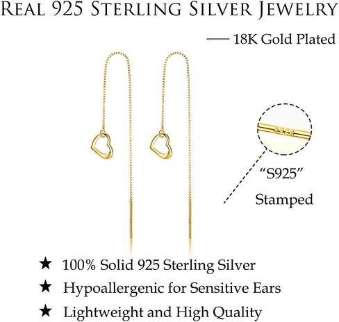 Reffeer Solid 925 Sterling Silver Love Heart Chain Dangle Earrings Drops for Women Teens Heart Tassel Dangle Earrings Threader in Kuwait