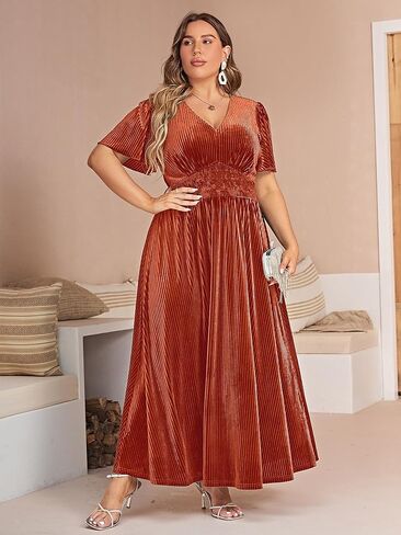 Simplee Women’s V Neck Velvet Maxi Dress Short Sleeve Empire Waist Long Formal Dress for Wedding Guest in Kuwait