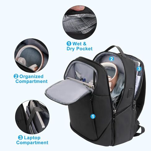 MOSISO 15.6-16 inch Waterproof Laptop Backpack with USB Charging Port & Front Wet & Dry Pocket, Business Commute Backpack, 16 inch Laptop Bag Casual Daypack for College Work Business, Black in Saudi Arabia