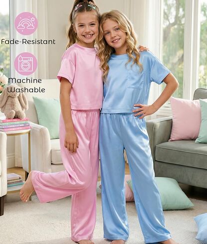 Petite&Me Silk Girls Pajamas Sets Short Sleeve with Long Pajama Pant Set Size 6-14 in Saudi Arabia