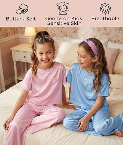 Petite&Me Silk Girls Pajamas Sets Short Sleeve with Long Pajama Pant Set Size 6-14 in Saudi Arabia