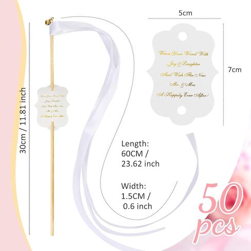 Janinka 50 Sets Ribbon Wedding Wands with Sticks and Bells Bulk Ribbon Dancer Wands Sparklers Wedding Send Off Items Party Favors Streamers Party Celebration Decorations (White) in Kuwait