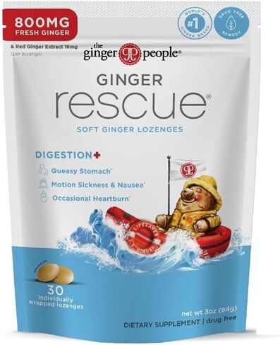 The Ginger People Ginger Rescue Digestive Wellness Lozenges (Soft) | Extra Strength - 800mg | Nausea, Upset Stomach, Motion Sickness, Mild Heartburn, Indigestion, 30 Count in Kuwait
