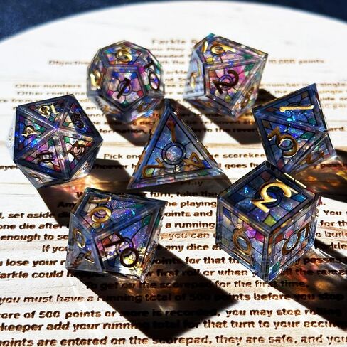 MJDICEOK DND الراتنج مجموعة النرد ذو الحواف الحادة، 7 قطع مجموعة النرد الراتنج زهرة، مجموعة النرد متعدد السطوح للأبراج المحصنة والتنين النرد، مجموعة النرد D & D، لعب دور آر بي جي D و D D20 D12 D10 D8 D6 D4 النرد (ورقة صفراء) in Kuwait