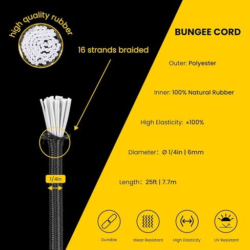 حبل بنجي مرن للصدمات مقاس 1/4 بوصة × 25 بوصة حبل بنجي للاستخدام بنفسك، وربطات العنق، وقوارب الكاياك والخارجية - أسود in Kuwait