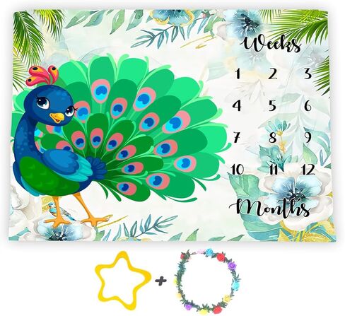 Peacock Baby Monthly Milestone Blanket, 48x40in Soft Flannel, Summer Flowers Colorful Feathers, Newborn Mom Gifts, Baby Shower Age Growth Tracker with Bonus Maker BTGJSS62 in Saudi Arabia