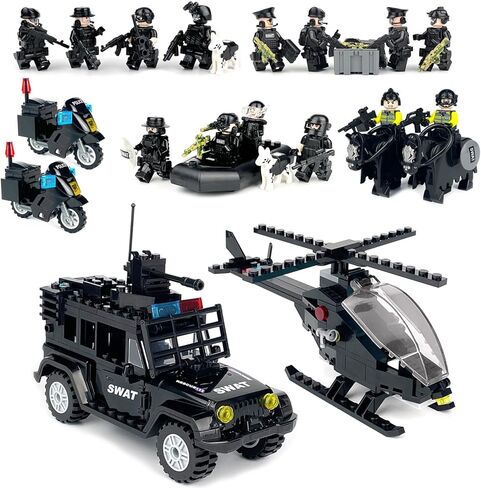 SWAT Set with 12 SWAT Officers, 2 Mounted Police with Horse – 1 Helicopter, 1 Armored SWAT SUV Vehicle,and 2 Motorcycle,Safe & Durable ABS – Great Gift for Kids, Boys, and Collectors in Saudi Arabia