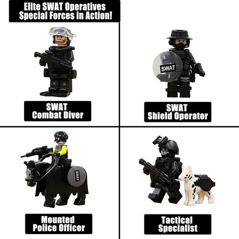 SWAT Set with 12 SWAT Officers, 2 Mounted Police with Horse – 1 Helicopter, 1 Armored SWAT SUV Vehicle,and 2 Motorcycle,Safe & Durable ABS – Great Gift for Kids, Boys, and Collectors in Saudi Arabia