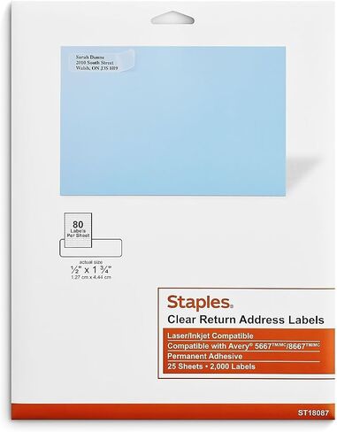 Staples ،ملصقات عناوين ليزر/نفث الحبر ،1/2 × 1 3/4 بوصة، شفاف، 80 ملصق/ورقة، 25 ورقة/علبة، 2000 ملصق/صندوق in Saudi Arabia