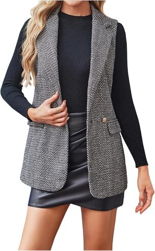 GORGLITTER Women's Sleeveless Long Vest Jacket Double Breasted Open Front Tweed Longline Blazer Vest Cardigan in Kuwait