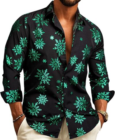 Barry.Wang Mens Christmas Shirt Xmas Holiday Party Dress Shirts Long Sleeve Snow Print Christmas Tree Shirt in Saudi Arabia