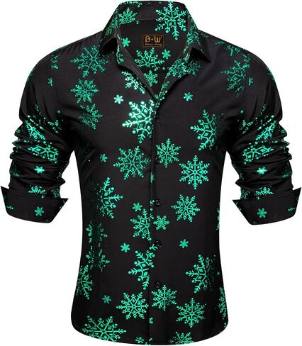 Barry.Wang Mens Christmas Shirt Xmas Holiday Party Dress Shirts Long Sleeve Snow Print Christmas Tree Shirt in Saudi Arabia