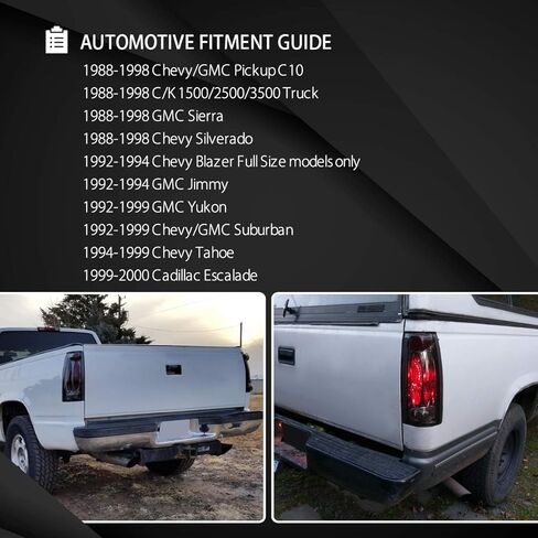 Autozensation متوافق مع 1988-1998 Chevy C/K C10 1500/2500/3500، Silverado Sierra، Blazer بالحجم الكامل، Suburban، Yukon، Tahoe، مجموعة زوج يسار + يمين، غطاء أسود شفاف، مصابيح خلفية بعدسة شفافة in Kuwait