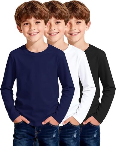 3 Pack Boys Long Sleeve Shirts Girls Cotton Crewneck T-Shirts Kids Basic Soft Long Sleeve Tees Top 5-13 Years in Kuwait
