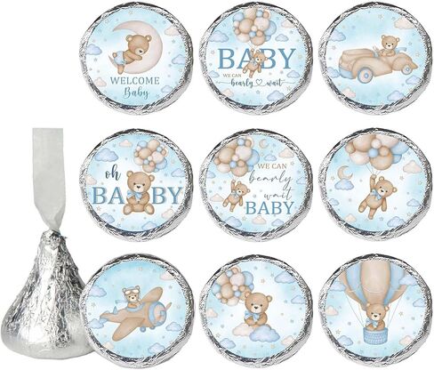 ملصقات هدايا استحمام الطفل من بلو بير، 450 قطعة من ملصقات الحلوى على شكل الدب والشوكولاتة على شكل قبلات، يمكننا أن ننتظر ملصقات حلوى استحمام الطفل in Kuwait