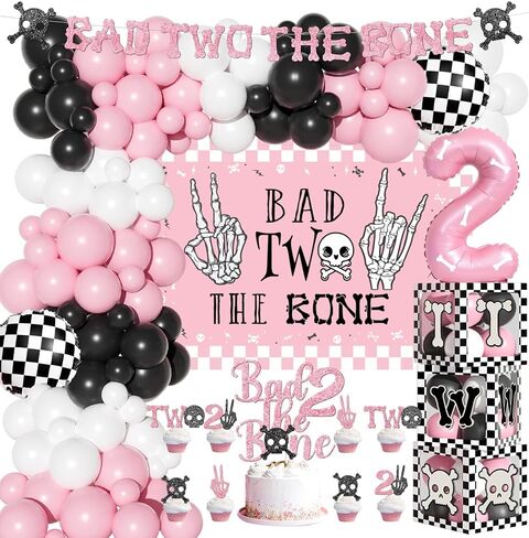 ديكورات الحفلات من Bad Two the Bone - 110 قطعة من لوازم الحفلات Bad 2 the Bone مع خلفية، إكليل البالونات، لافتة، أعلى الكعكة، صناديق البالونات، أغطية الكب كيك، القصاصات in Saudi Arabia