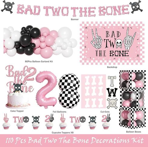 ديكورات الحفلات من Bad Two the Bone - 110 قطعة من لوازم الحفلات Bad 2 the Bone مع خلفية، إكليل البالونات، لافتة، أعلى الكعكة، صناديق البالونات، أغطية الكب كيك، القصاصات in Saudi Arabia