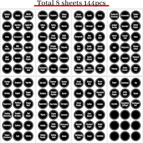 144 Pcs Spice Jar Labels, Preprinted Adhesive Round Spice Labels Stickers for Kitchen, Waterproof Seasoning Label Stickers for Jars Bottles Seasoning Containers (Black) in Saudi Arabia