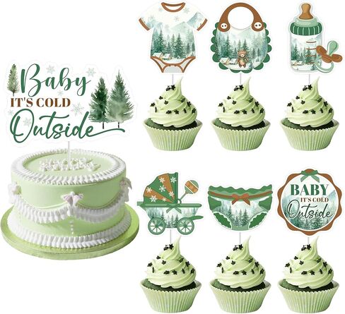 Baby Its Cold Outside Baby Shower Decorations, Winter Forest Cake Topper & 24 Cupcake Toppers, Woodland Green Party Supplies (Pack of 25) in Saudi Arabia