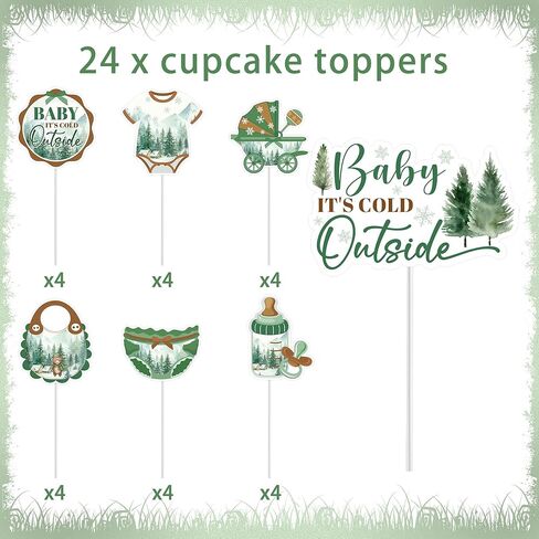 Baby Its Cold Outside Baby Shower Decorations, Winter Forest Cake Topper & 24 Cupcake Toppers, Woodland Green Party Supplies (Pack of 25) in Saudi Arabia