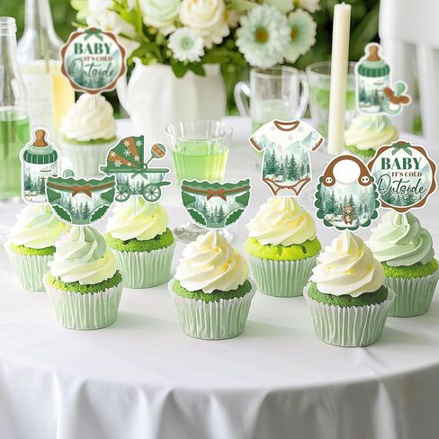Baby Its Cold Outside Baby Shower Decorations, Winter Forest Cake Topper & 24 Cupcake Toppers, Woodland Green Party Supplies (Pack of 25) in Saudi Arabia
