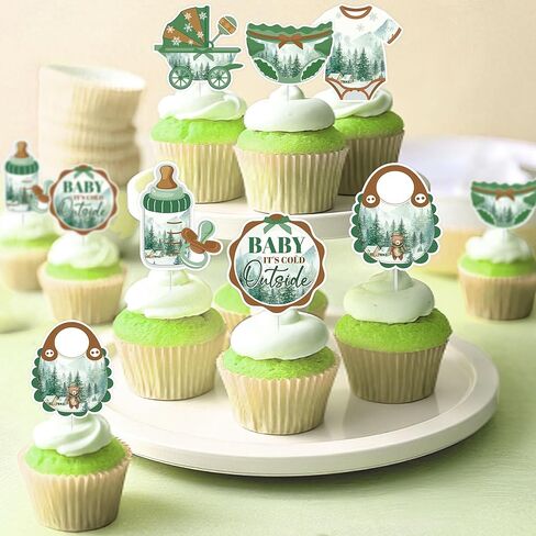 Baby Its Cold Outside Baby Shower Decorations, Winter Forest Cake Topper & 24 Cupcake Toppers, Woodland Green Party Supplies (Pack of 25) in Saudi Arabia
