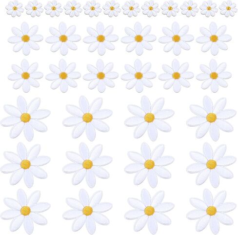 36 جهاز كمبيوتر شخصى 3 أحجام زهرة الأقحوان الحديد على الرقع، بقع النسيج الأبيض للملابس، لطيف التطريز زين التصحيح الأزهار خياطة على التصحيح للفتيات الملابس القبعات القمصان أكياس السترات الجينز حقيبة الظهر in Kuwait