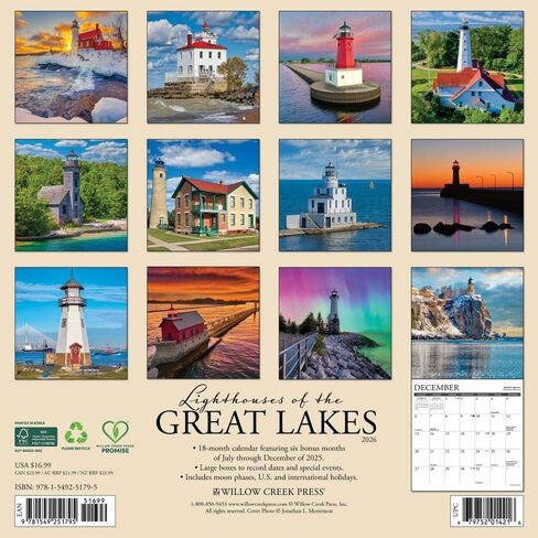 Willow Creek Press, Lighthouses of The Great Lakes 2026 Wall Calendar, 12'' X 12'', 18-Month Calendar with Stapled Binding in Saudi Arabia