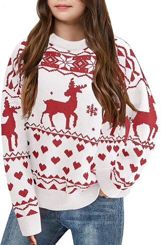 Girls Christmas Pullover Sweaters Reindeer Elk Snow Long Sleeve Crew Neck Chunky Tops in Saudi Arabia
