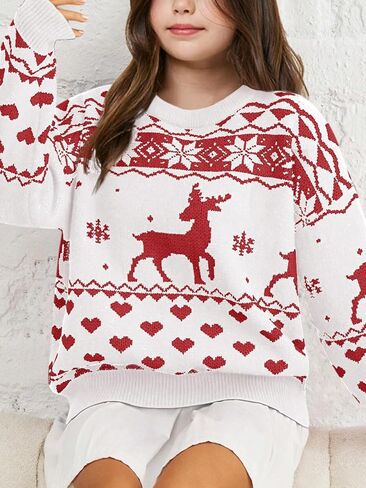 Girls Christmas Pullover Sweaters Reindeer Elk Snow Long Sleeve Crew Neck Chunky Tops in Saudi Arabia